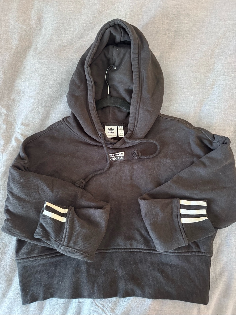 adidas Black Cropped Hoodie with White Stripe Cuffs - XS